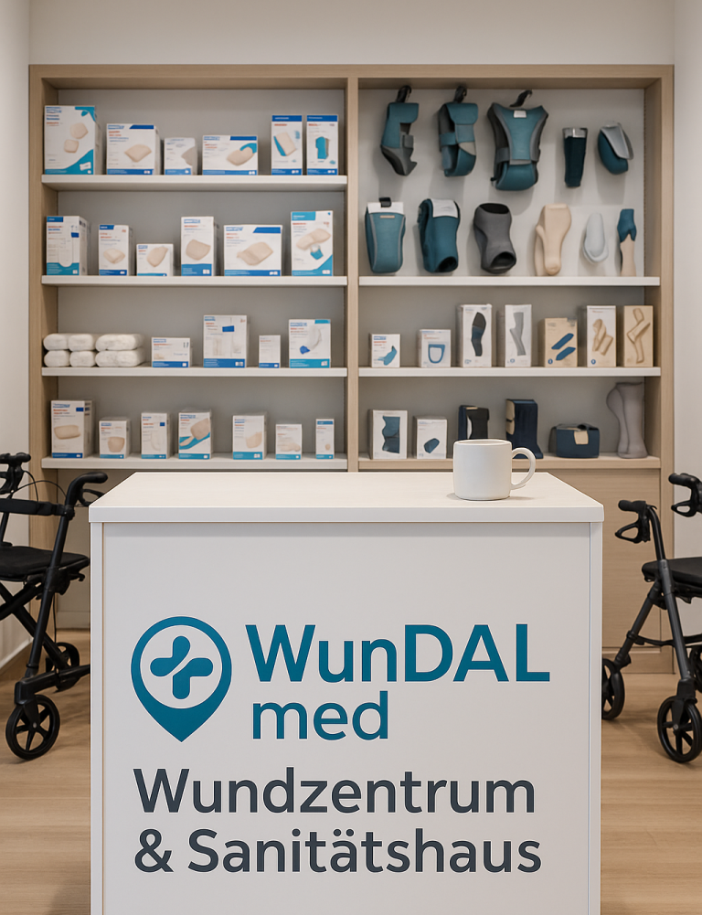 Wundzentrum mit Produkten für die Gesundheitsversorgung und Mobilität im Hintergrund.